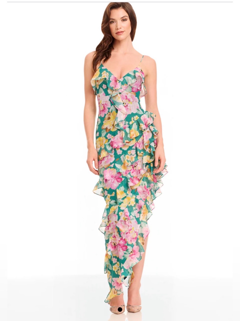 Dress the Population Pine Multi Floral Ruffle High Low Dress Large NWT - Picture 2 of 11